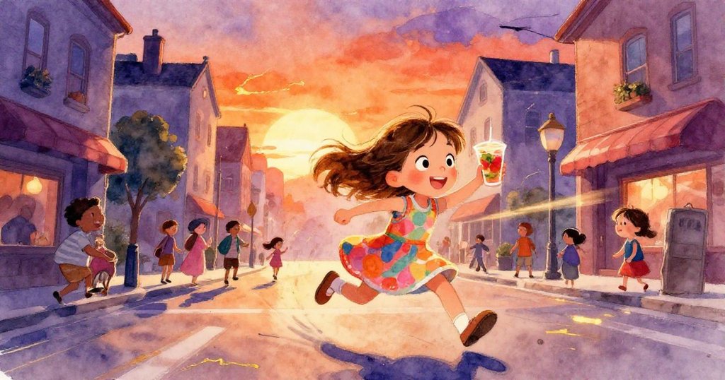 艾瑪抱著水果杯在主街上飛奔，旁邊評委與其他小朋友忙碌穿梭，動感十足、氣氛活躍。