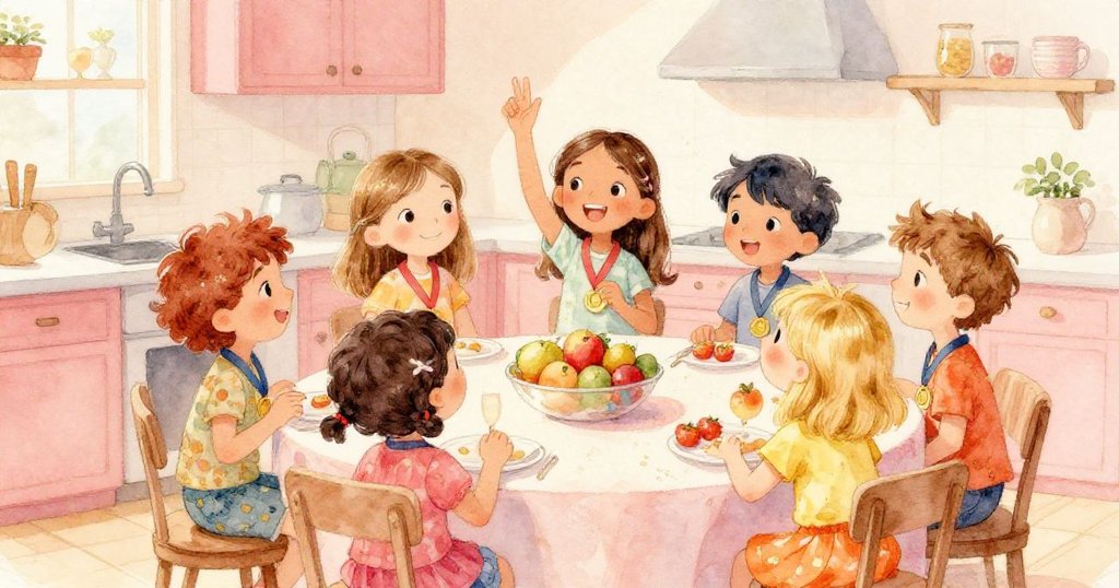 廚房裡，艾瑪與米婭和朋友們重聚慶賀，分享獎牌與水果，場景溫馨快樂，故事圓滿落幕。