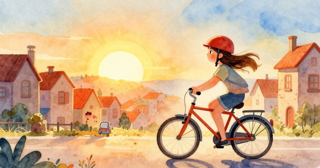 Olivia騎著自行車離開城鎮，映著明亮日出，她充滿期待開始新冒險，景色溫暖而充滿生命力。