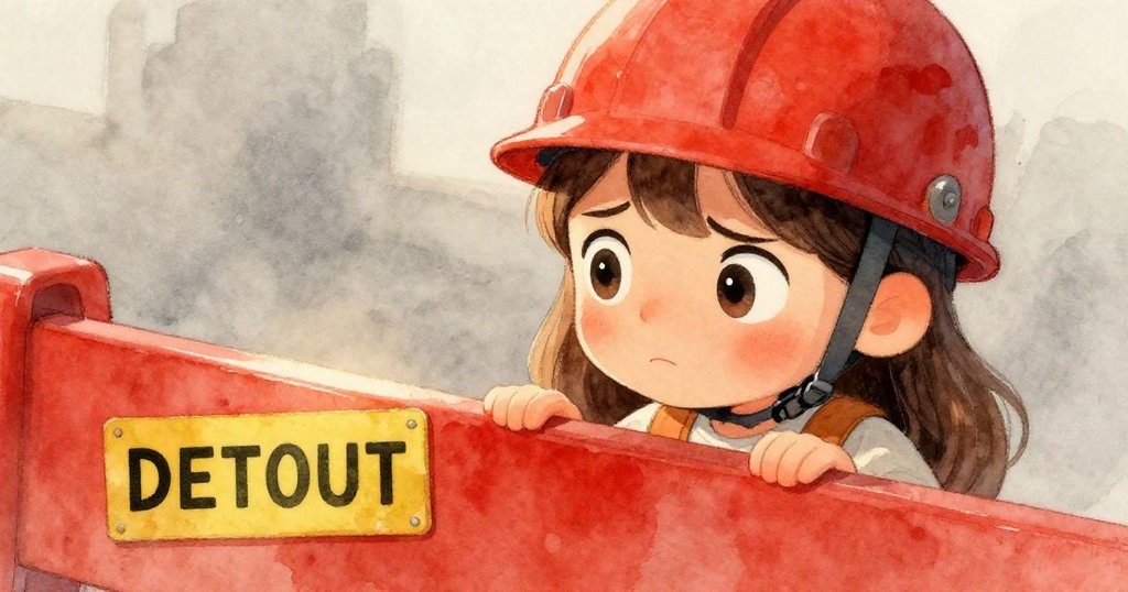 Olivia注視著紅色屏障上醒目的DETOUR標誌，眼神充滿焦急與好奇，迎接未知挑戰，場景細緻情感豐富。