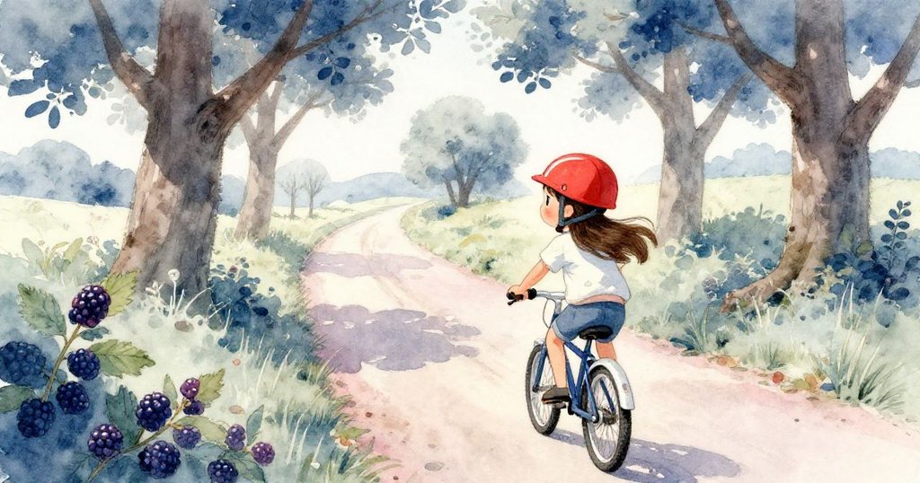 Olivia從背後騎車經過狹窄鄉間小路，黑莓與橡樹環繞，碎石隨車輪咯咯作響，她滿懷好奇勇敢前行。