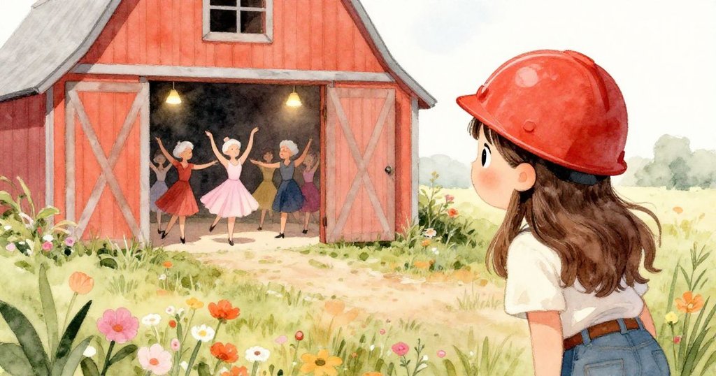 Olivia好奇地探入藏在草原邊的穀倉，看到老年舞者優雅起舞，燈光溫柔，氣氛神秘隱秘，充滿驚喜。