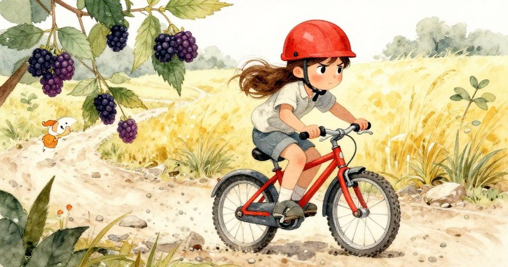 Olivia面對荊棘與碎石挑戰堅持騎行，神情堅毅勇敢，突破艱難路段展現不屈精神，畫面充滿活力。