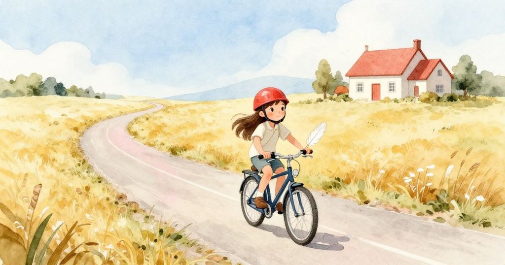 Olivia騎車告別穀倉，向溫馨農舍前進，車把上懸掛白羽象徵奇幻旅程，畫面充滿希望與魔法氣息。