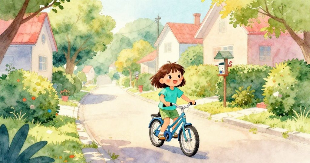 安娜在寧靜的楓樹巷推著腳踏車，晨光灑在樹籬與鳥食器上，安娜臉上洋溢著期待與平和情緒