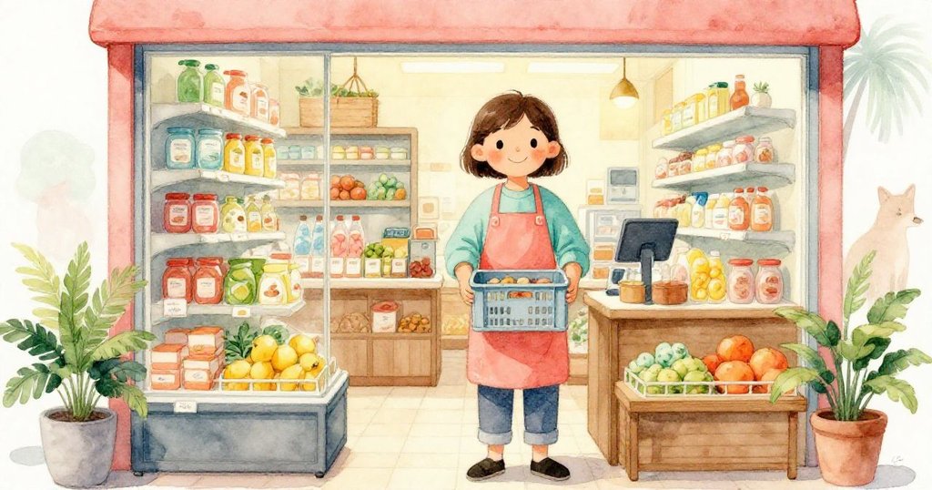 收銀員在溫暖的雜貨店中用心檢查橘子托盤，室內柔和燈光下透露出突發狀況的神秘感