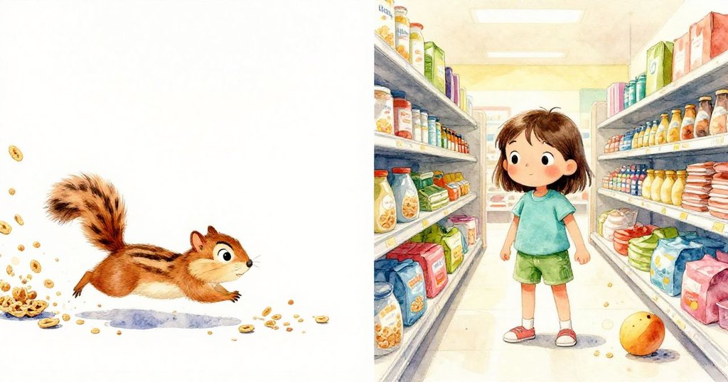 在商店內分割畫面中，一邊小松鼠搞怪推翻麥片盒散落如紙屑，另一邊安娜小心穿過擁擠過道，顧客露出好奇眼神