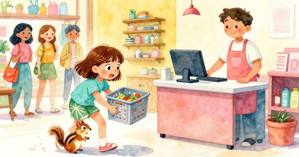 安娜與收銀員合力傾斜塑膠箱，小心引導小松鼠脫困，周圍顧客露出寬慰微笑，場景溫暖而充滿活力