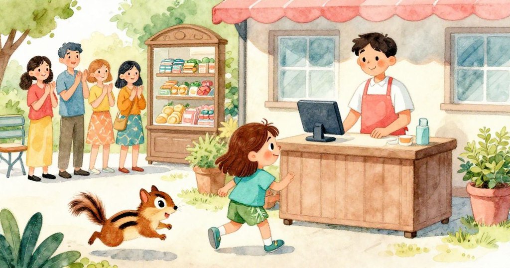 店外場景中，塑膠箱安放在人行道上，小松鼠衝向綠意盎然的灌木，安娜與收銀員交換溫暖微笑，顧客鼓掌慶賀善結局