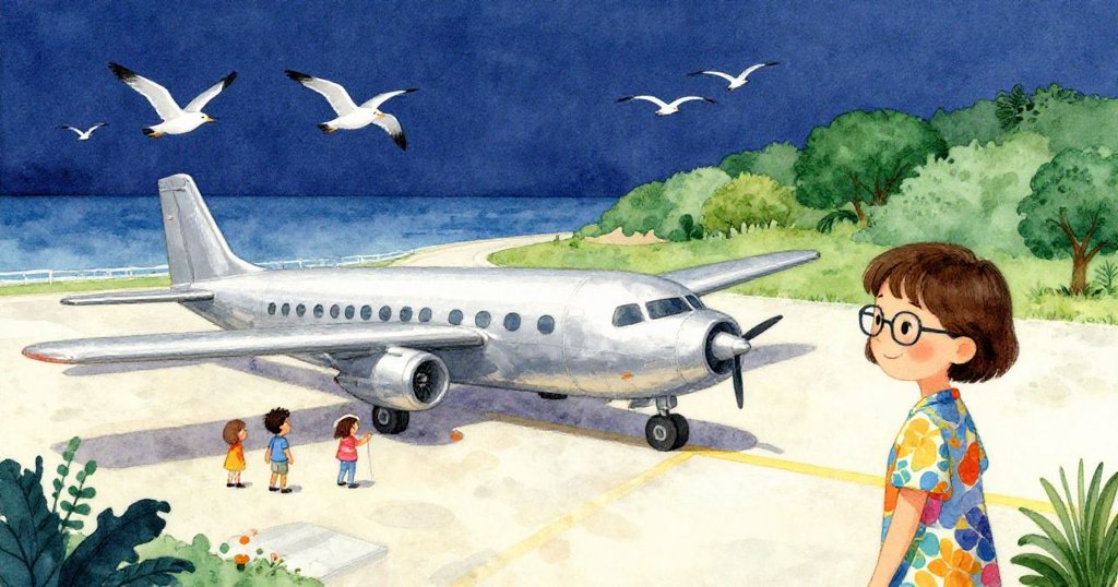 在海邊的小機場前，林老師正計算學生數，銀色飛機、活潑海鷗飛舞，大家期待踏上奇妙旅程。