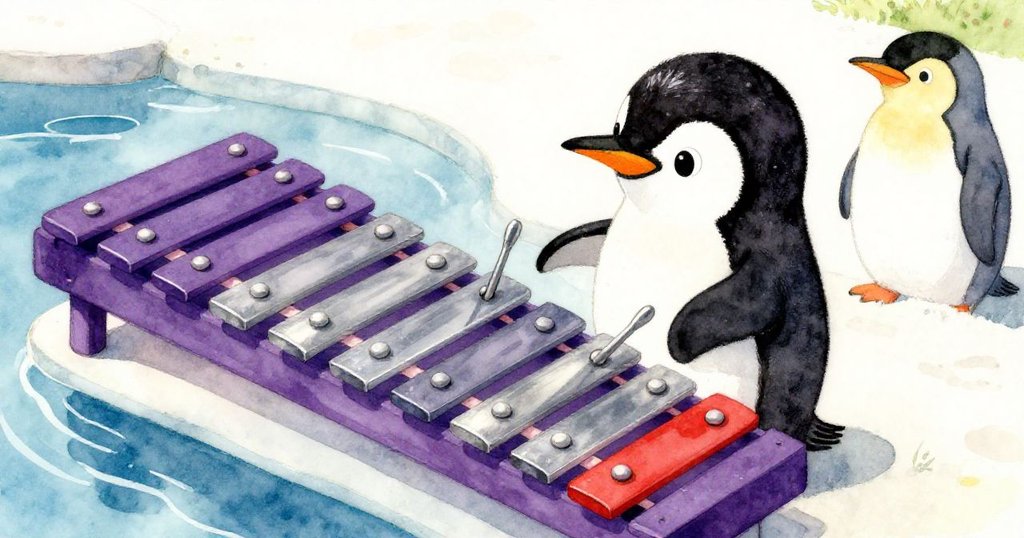 在企鵝池邊，Pip企鵝好奇敲打明亮木琴，展現探索與驚喜，旁邊照顧員悄然關注。