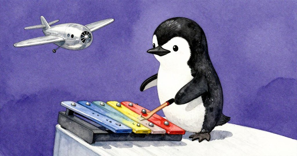 低角度展現Pip企鵝滑動平台，專注敲打木琴的動作，飛機背景增添激動氛圍。