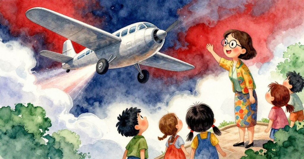 隨著飛機起飛，平台震動，林老師與學生驚喜仰望，雲影飄動中彌漫興奮情緒。