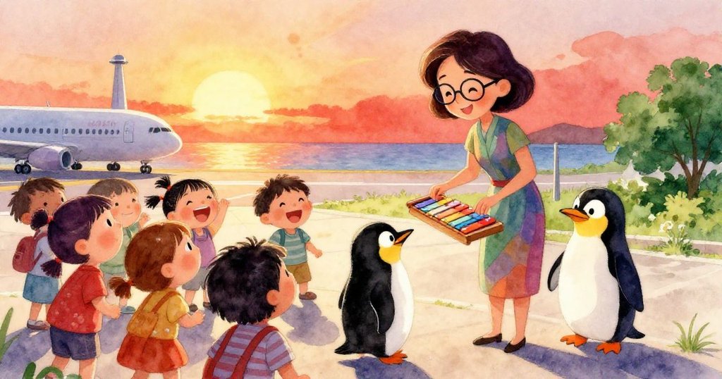 夕陽餘暉下，林老師與學生滿懷歡笑，Pip企鵝持續敲擊木琴，旅程圓滿而溫馨。