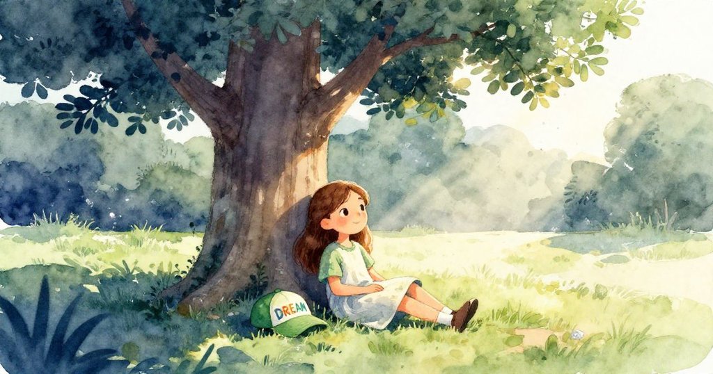 安娜在大樹下靜坐，午後溫暖陽光灑落，旁有刻有 DREAM 字樣的綠帽，情境寧靜溫馨展開故事序章。