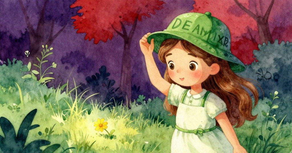 安娜緩緩掀起綠帽，陽光下一朵明亮黃花滑落至草地，展現動作細節與故事情節發展。