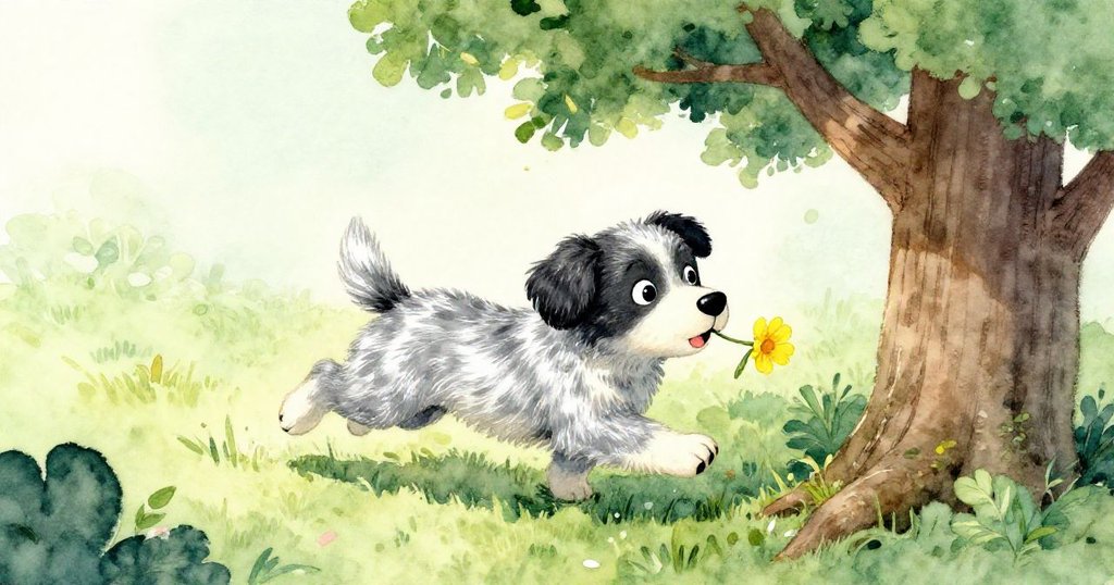 俯視角度中小狗活潑搶走黃花，樹下葉影搖曳，動感十足展現情節轉折與驚喜。