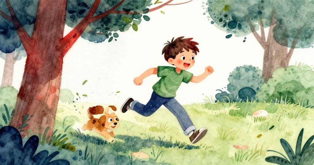 男孩興奮追逐小狗，樹上葉子隨風搖曳，從高處視角展現情節熱鬧與快樂氛圍。