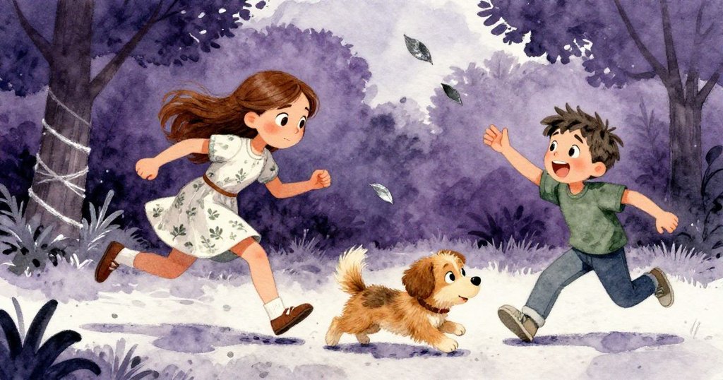 安娜急速追趕搗蛋小狗，男孩興奮呼喊，葉子飛舞中展現情緒激昂與追逐緊張情節。