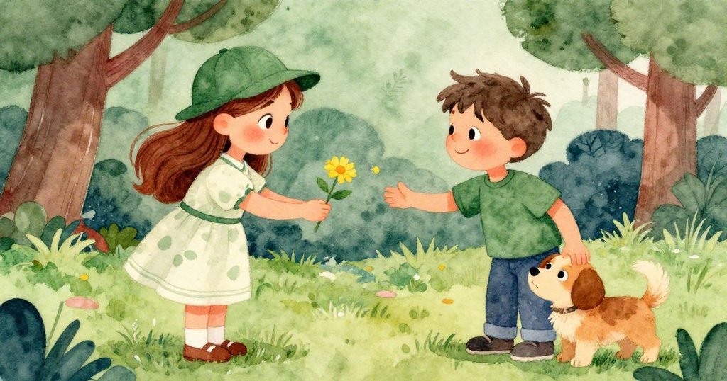 安娜將黃花交還微笑男孩，小狗安靜貼近，場景溫馨寧靜，故事迎來平和美好結局。