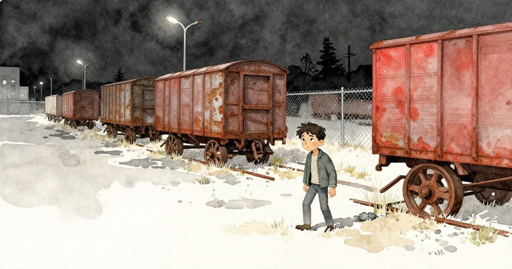 Nathan走在廢棄貨場，手握手電筒穿過生鏽圍欄，夜晚街燈倒映在碎石水窪中，神情堅定，場景開端。