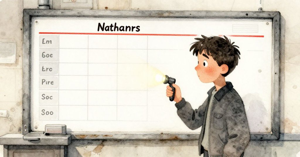 Nathan在控制亭前，輕觸剝落時間表，細看破舊面板，光影下感受歷史痕跡，表情充滿好奇與懷舊。