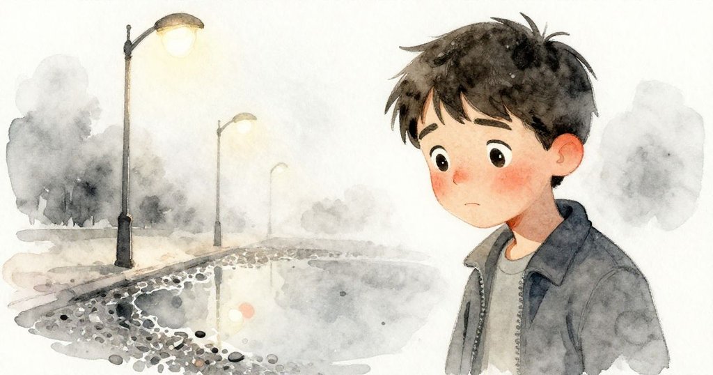 Nathan停步凝視水窪倒影，街燈微光映照他思索臉龐，靜謐夜景展現城市記憶與內心秘密。