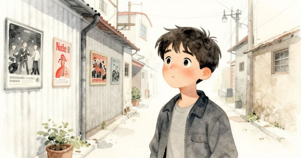 Nathan踏入狹窄巷道，牆上舊演唱會海報喚起昔日光芒，神情充滿回憶與驚喜，色調溫柔懷舊。