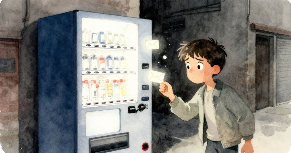 Nathan面對發光自藍色自動販賣機，神情緊張，謎樣信封從中滑出，都市暗巷中懸疑氛圍濃厚，緊張感爆發。