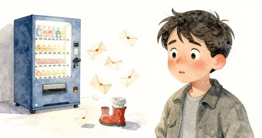 Nathan靠在巷壁上，信封像潮水般拂過靴邊，他神情複雜，藍色自販機微光中留下一縷未解之謎，寓意深遠。