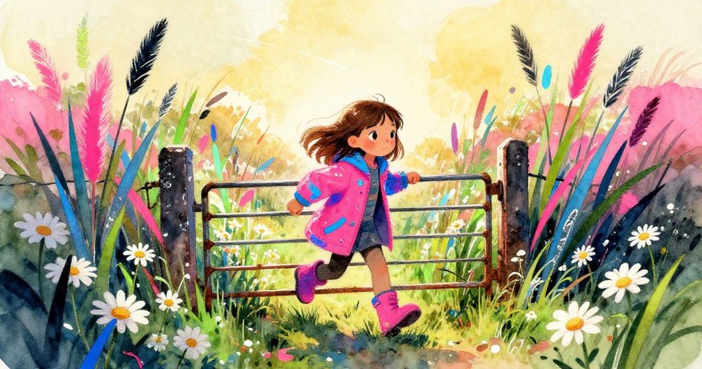 Mara 在鄉村入口的鐵絲門前邁步，背景為雛菊、枯草和廣闊田野，臉上充滿期待與勇氣。