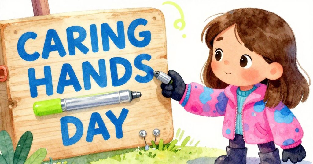 Mara 輕觸木牌上鮮藍字母，展現溫柔敬意，手套細節明顯，背景顯露鄉村戶外的暖光與記憶。