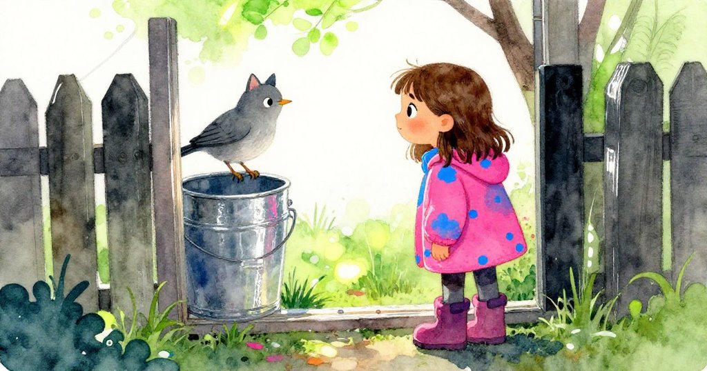 Mara 透過歪斜籬笆的縫隙凝視桶上棲息的貓鳥，背景散落野花，臉上滿是好奇與神秘感。