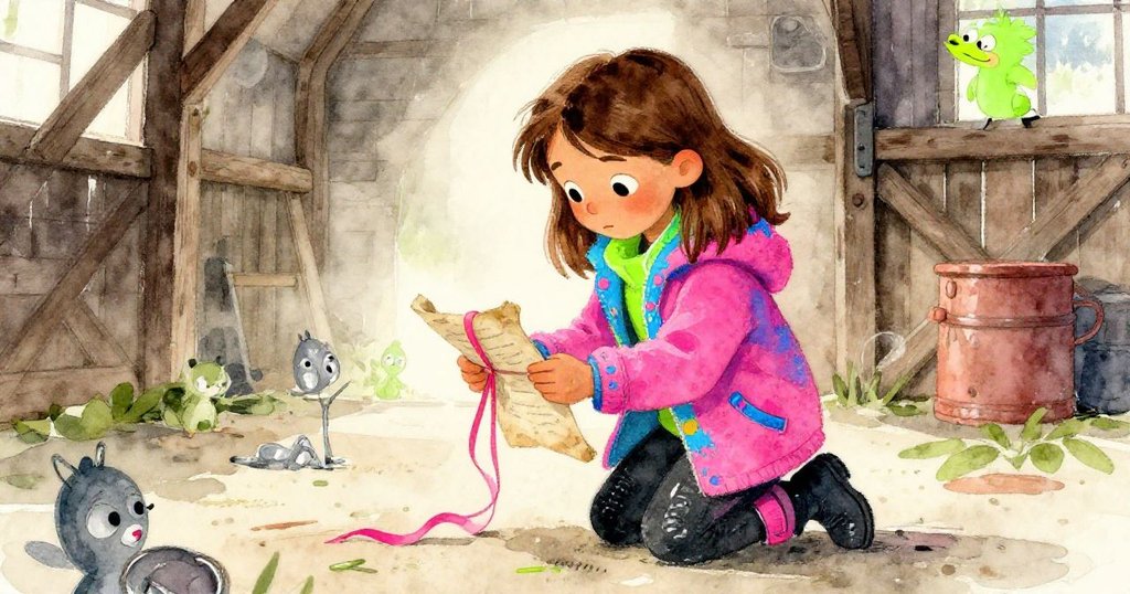 在老穀倉角落，Mara 膝蓋著地仔細撫摸一本破舊筆記本，柔光中流露出對祖母記憶的懷念。