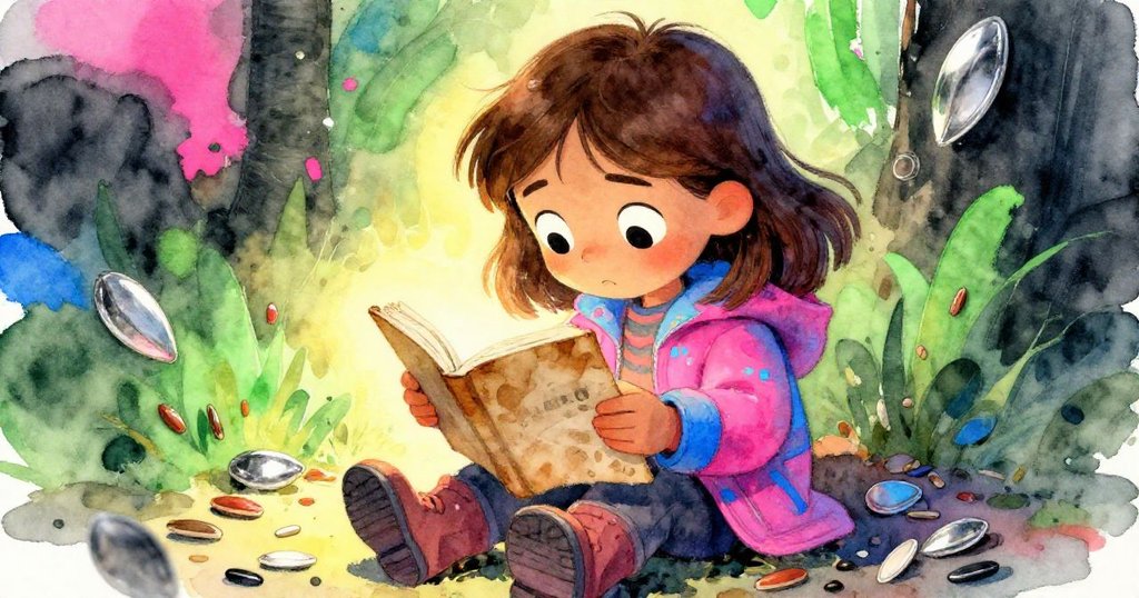 Mara 仔細閱讀筆記本，眼神堅定且充滿柔情，旁邊種子灑落，展現內心掙扎與成長。