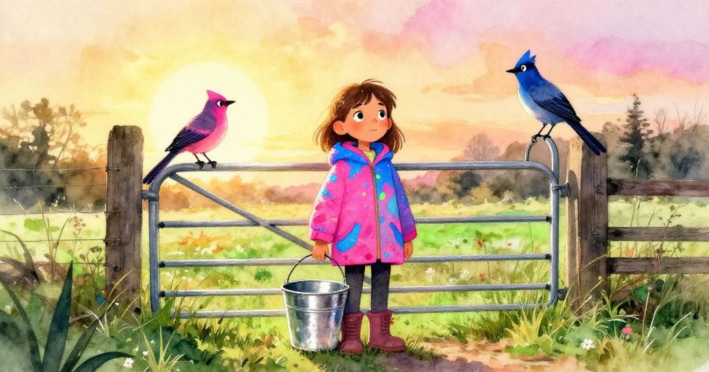 Mara 在夕陽下回到鐵絲門旁，桶邊貓鳥靜立，背景夕光與野地交織，她臉上滿是希望與成長的笑容。