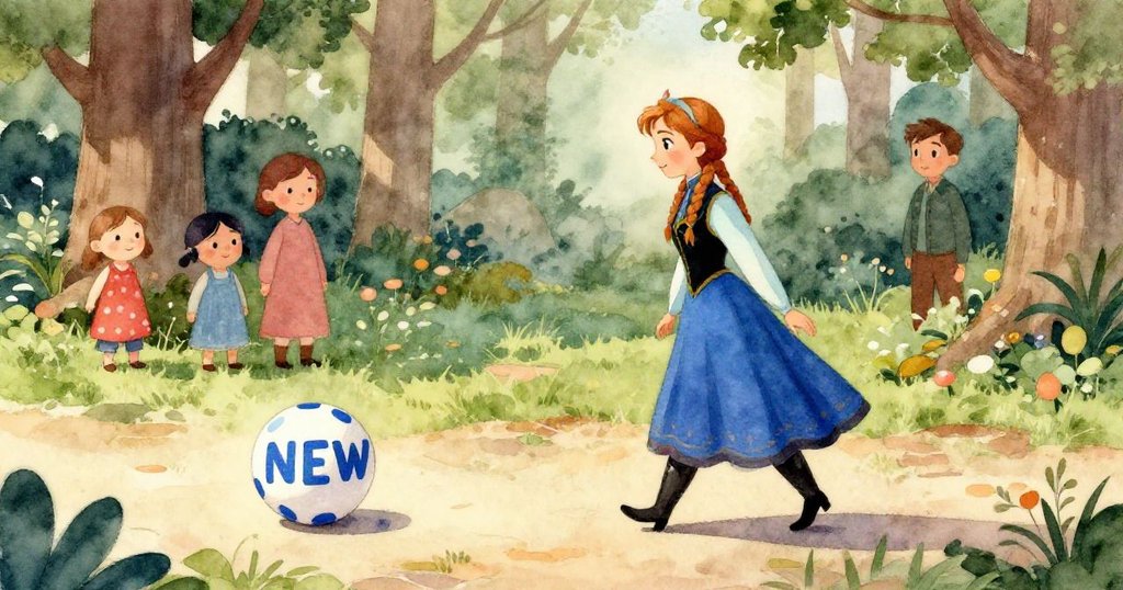 安娜輕握球面藍字拼成的NEW球，細膩展現物件光影與草地背景，傳達驚喜與新奇感受。