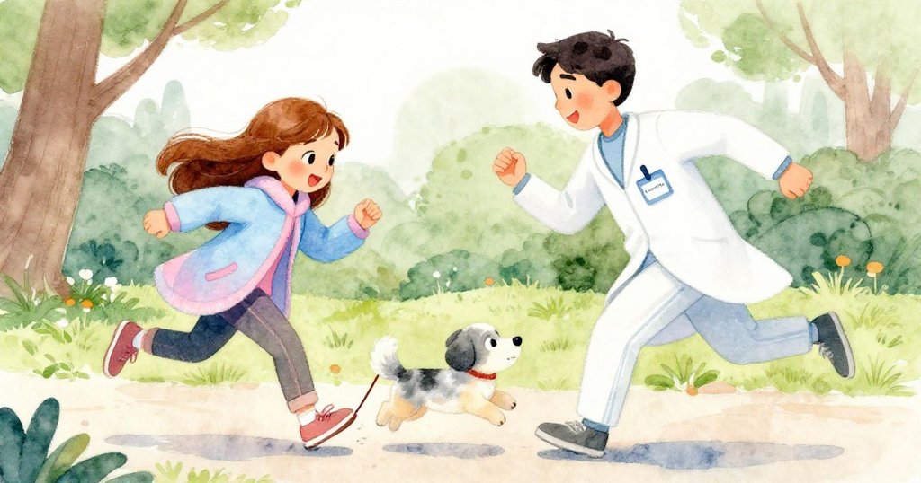 醫生雷因鞋帶鬆動險跌，安娜驚呼牽動情感，小狗活躍介入，公園步徑上動態情景鮮明。