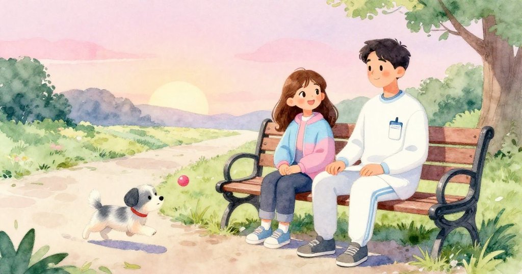 安娜與醫生雷坐於公園長椅上，狗狗嬉戲追球，背景開闊小徑與柔和黃昏光線展現新開始與溫馨氛圍。