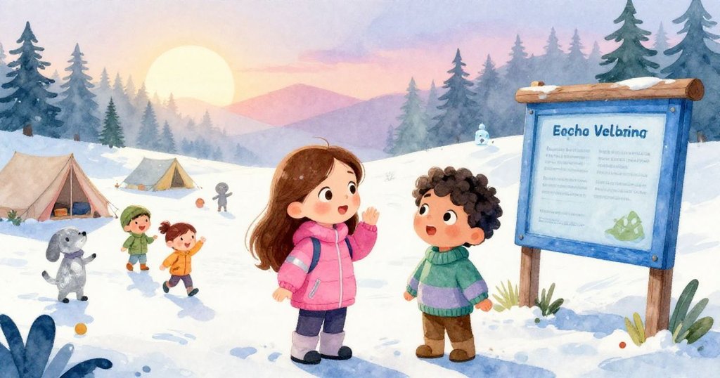 Lena 與 Milo 在日出時分的營地熱鬧場景中忙碌準備，藍色資訊板旁充滿期待與活力，周圍有許多快樂人群。