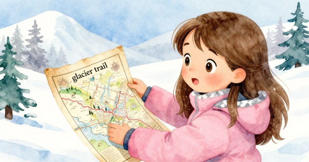 Lena 專注地檢查標示冰川步道的舊地圖，手指輕觸紙上細節，背景呈現冰雪與乾石交融的柔和晨景。