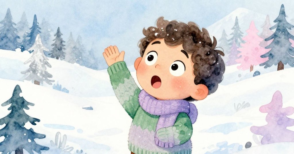 Milo 抬頭傾聽冰下輕敲聲，面露驚奇與好奇，低角度展現他與雪冰世界互動的生動瞬間。