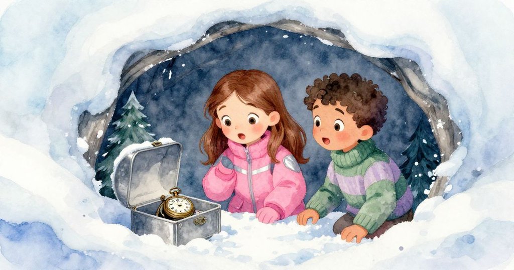 Lena 與 Milo 在隱秘雪地中除去飄雪，發現古老金屬盒和生鏽懷錶，二人神情充滿好奇與驚喜。