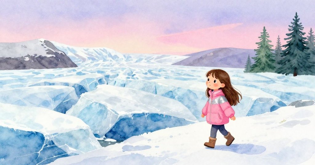 Lena 在平靜黃昏中漫步於廣闊冰川原野，口袋中懷錶陪伴，她神情沉靜且滿懷感激，結束豐盛一天冒險。