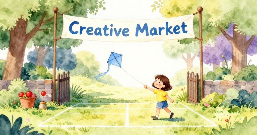 米婭在河畔公園入口處漫步,藍色風箏隨風飄揚,標語牌明亮,環境寧靜而充滿期盼。