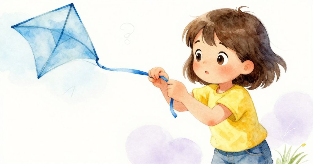 米婭凝視藍色風箏絲帶,眼中流露出專注與好奇,動作輕柔,背景隱約顯現草地與粉筆線條。