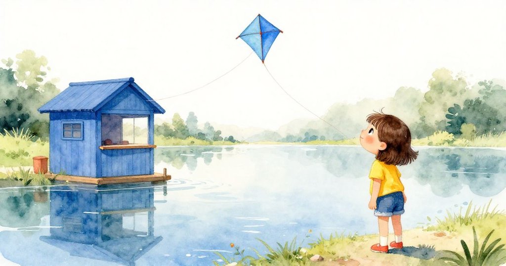 米婭站在平靜湖邊,藍色小亭與風箏在水中清晰映現,氛圍夢幻而又靜謐,心情柔和。