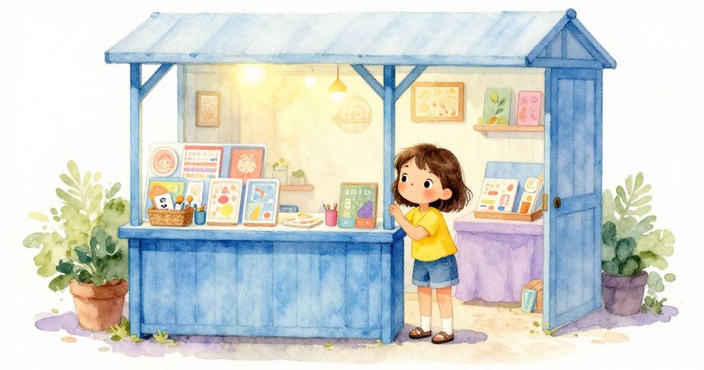 米婭走近藍色小亭,好奇地窺視內部創意市集陳設,充滿驚奇與溫馨,營造全新探索氛圍。