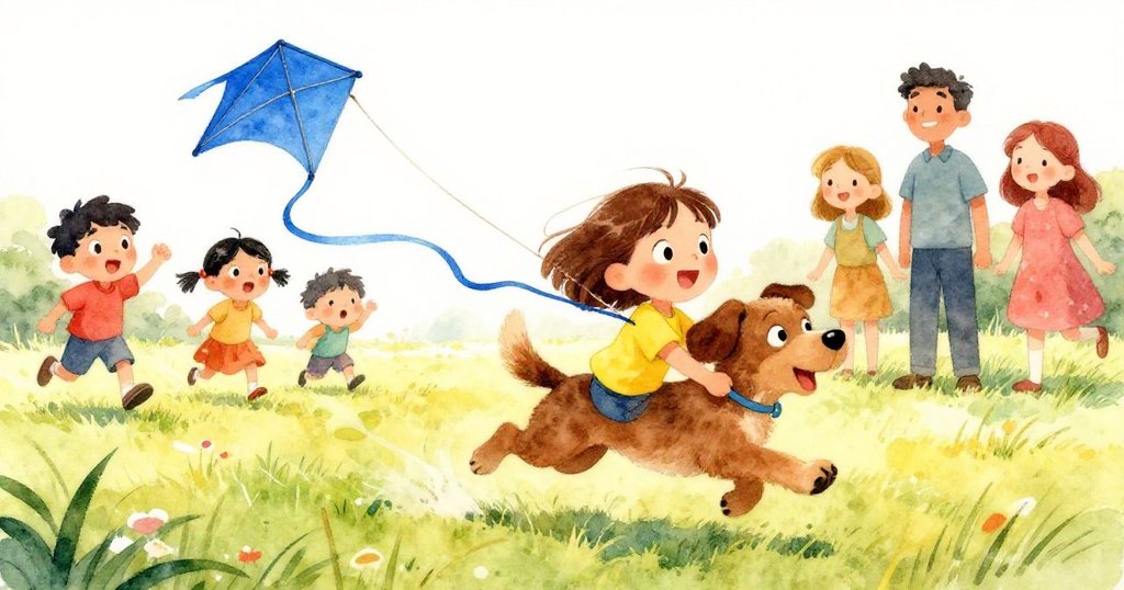 米婭眼前突然奔跑著一隻小狗拉扯風箏絲帶,孩子與家長驚喜互動,現場充滿活力與意外歡樂。