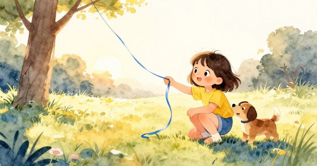 米婭在夕陽餘暉下蹲在草地上解開風箏絲帶,小狗輕觸她的手肘,畫面溫暖結束一天的歡樂冒險。